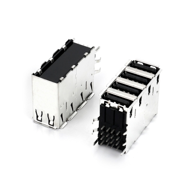 USB 2.0 A TYPE四层DIP 90度插板带弹片,端子鍍金15U 雾锡,大铁壳镀镍雾面,后壳光面,环保料