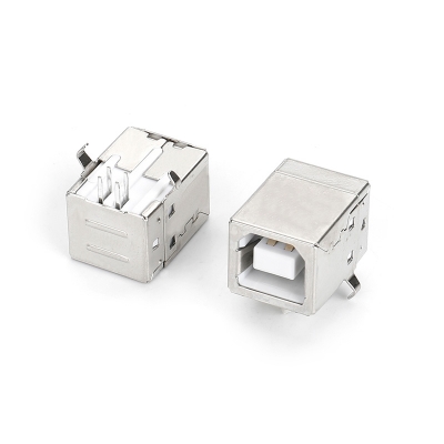 USB 2.0 BF 90度插板式(H=10.8mm)PBT白胶,端子半金GF 弯脚铁壳镀镍DIP型