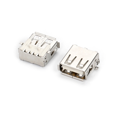 USB2.0 AF 90度SMT LCP白胶有柱 端子半金锡GF 铜壳镀镍 SMT脚有卷边