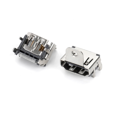 HDMI SMT MD式铜壳镀镍四直脚四反向弹片,螺孔高8.8，胶无柱 端子半金雾锡1u壳镀镍四直脚四反向弹片,螺孔高8.8，胶无柱 端子半金雾锡1u