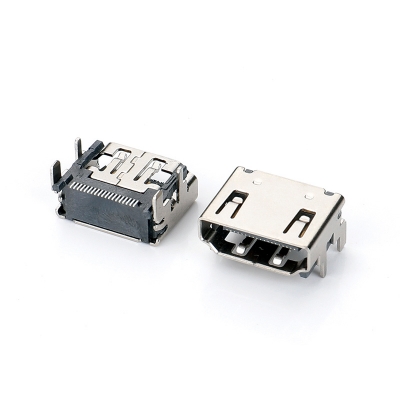 HDMI TYPE AF 90度 插板式 LCP黑胶端子 SMT 半金GF 铁壳镀镍