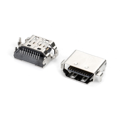 HDMI正向沉板铜壳镀镍窗口斜口两K脚两直脚，壳面模印，中心高度0.83 外壳总长12.05 端子间距1.5 半金雾锡1u